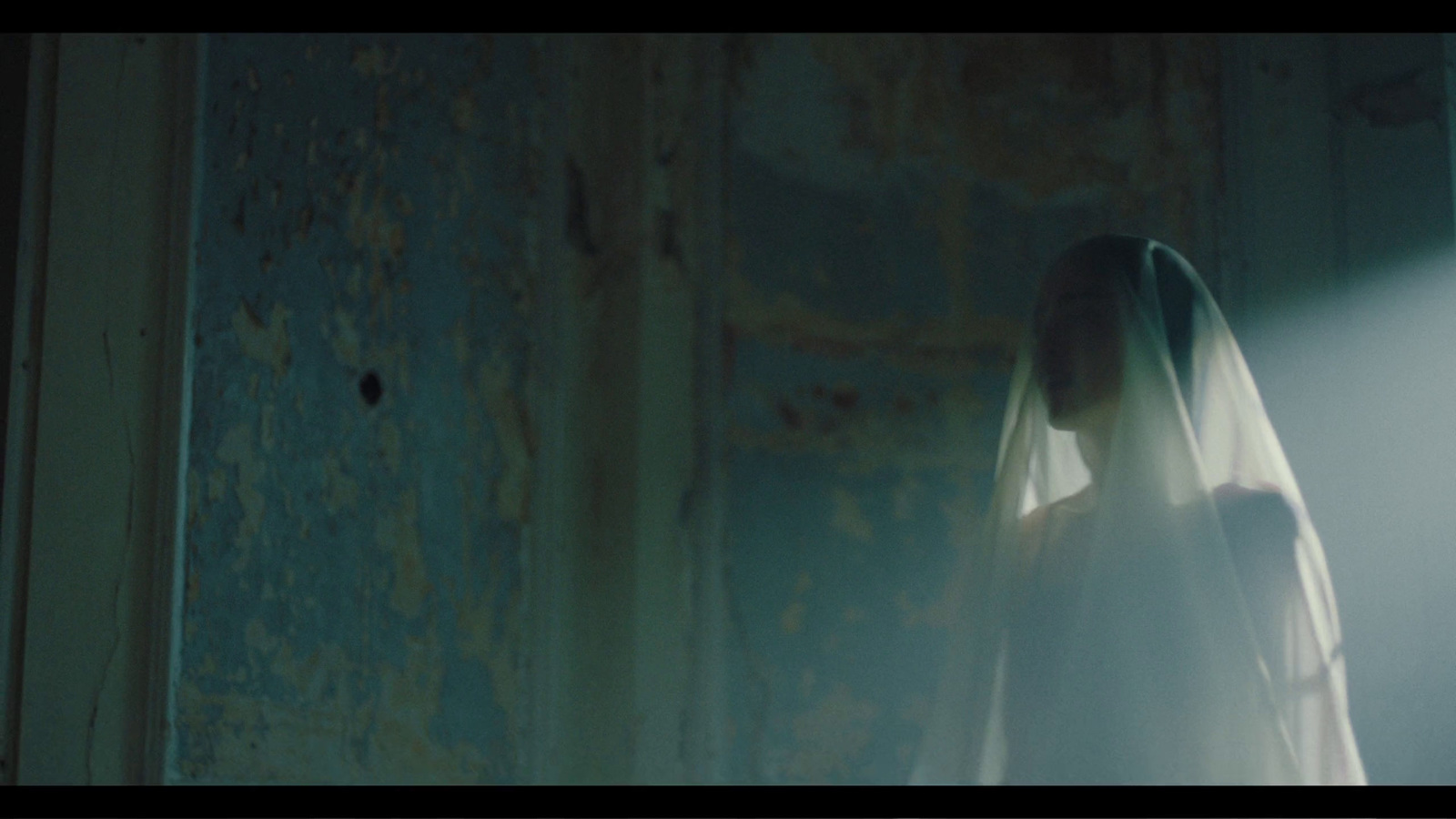 a woman in a white veil standing in a room