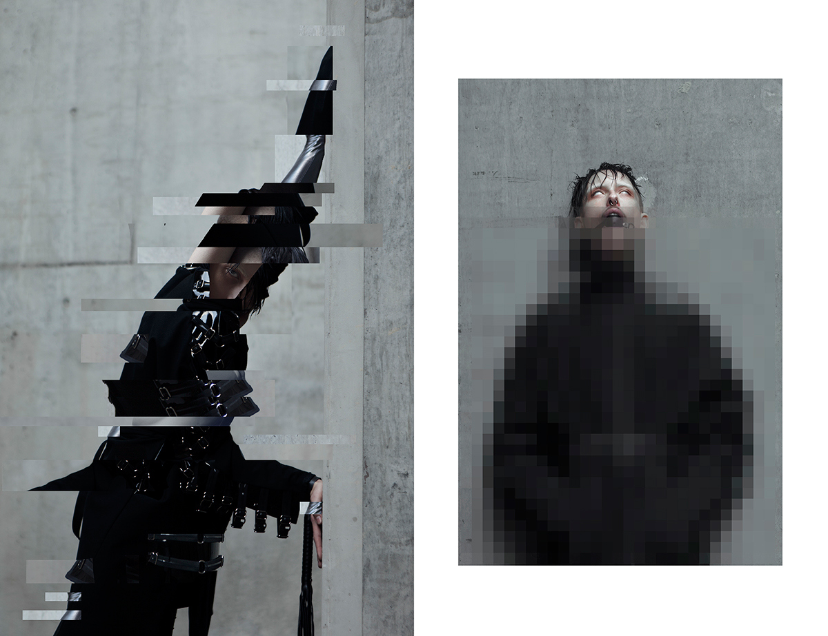 a collage of photos of a man in a black outfit