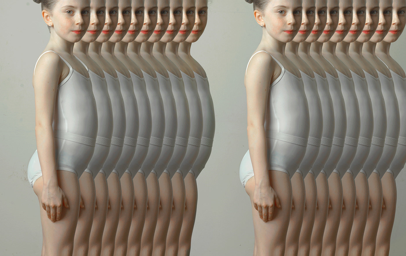 a woman is standing in front of a series of identical images