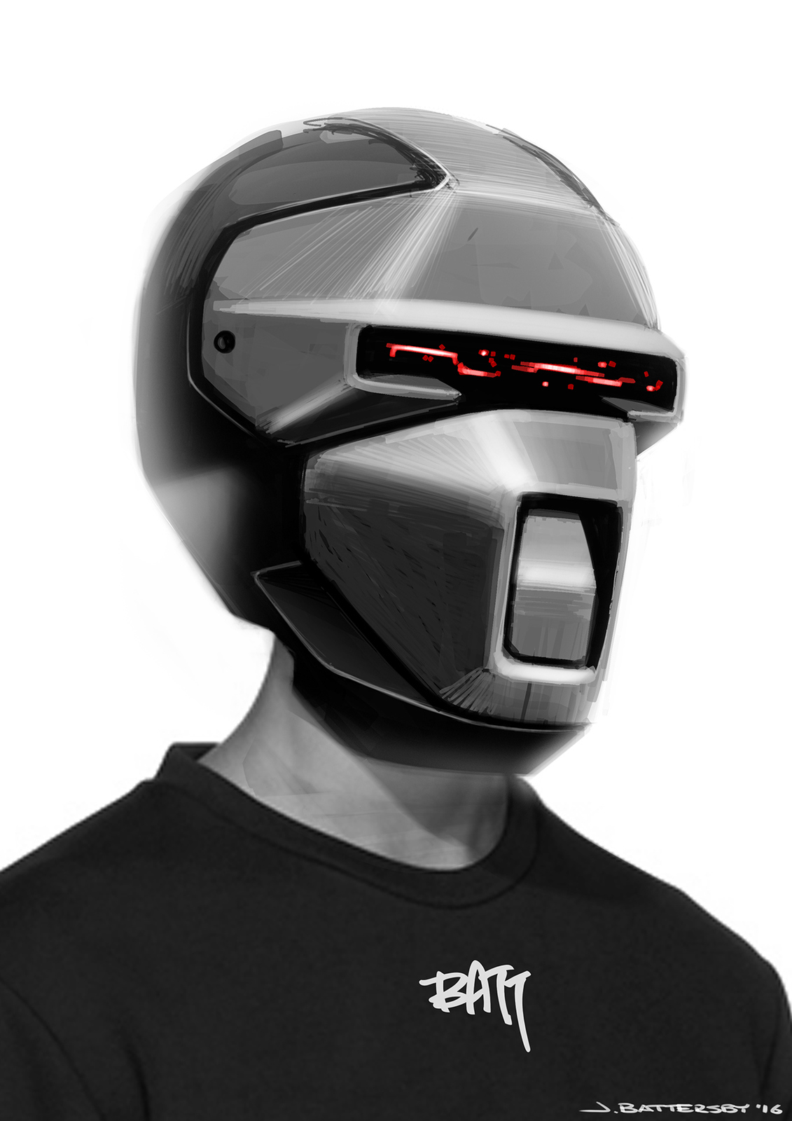 a man wearing a futuristic helmet with a red light on it