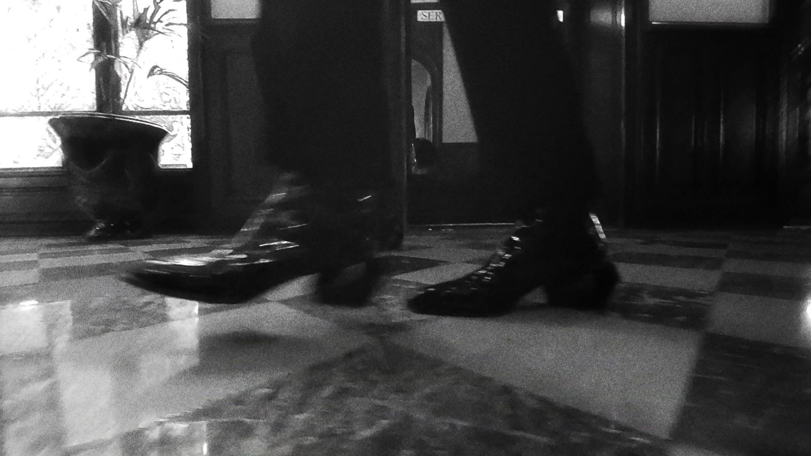 a black and white photo of a pair of shoes