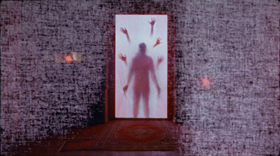 a painting of a person standing in front of a door