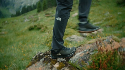 a person standing on a rock in the grass