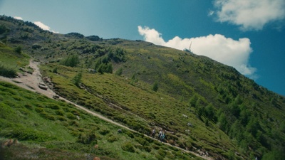 a group of people walking up the side of a lush green hillside