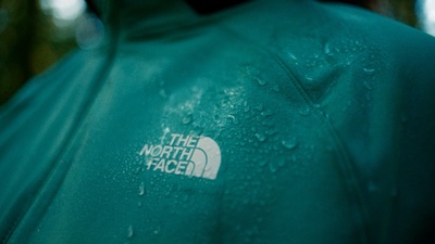 the north face logo on a green jacket