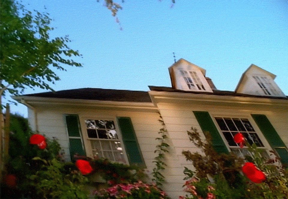 a white house with green shutters and red flowers