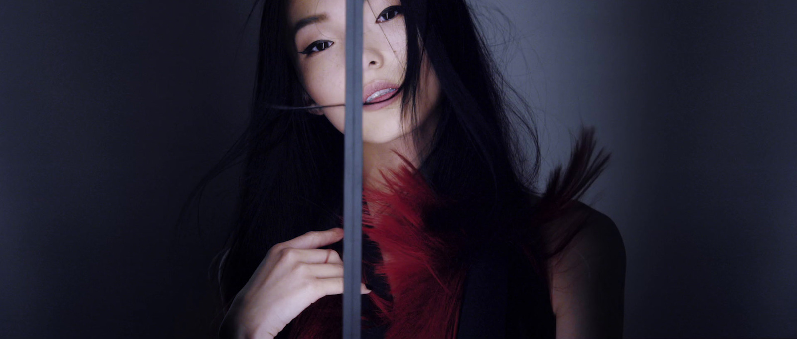 a woman with long black hair and a red feather