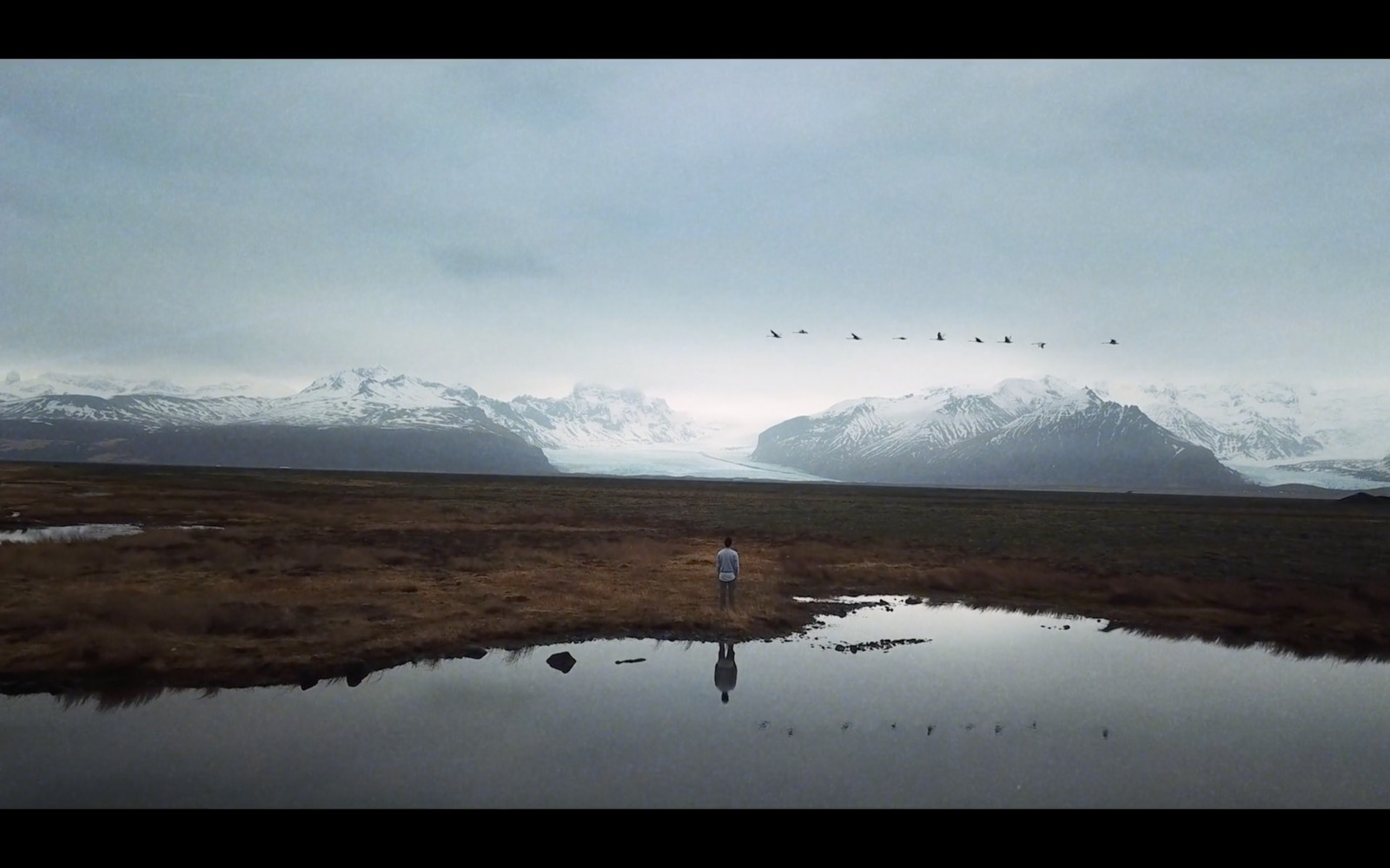 a person standing in a field with mountains in the background