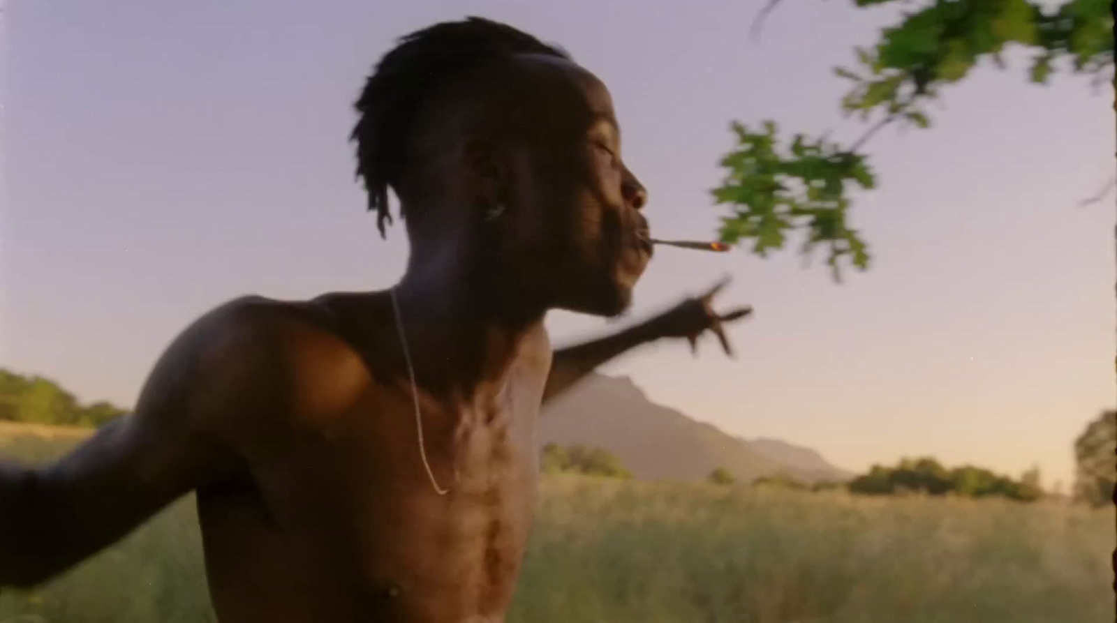 a man standing in a field with a cigarette in his mouth