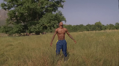 a shirtless man standing in a field of tall grass