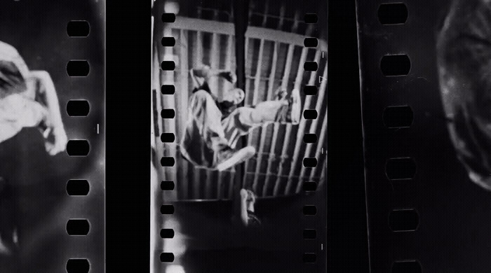 a black and white photo of a bird in a cage