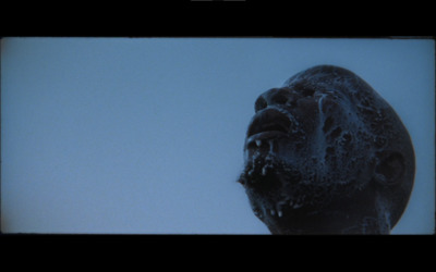 a close up of a statue with a sky background