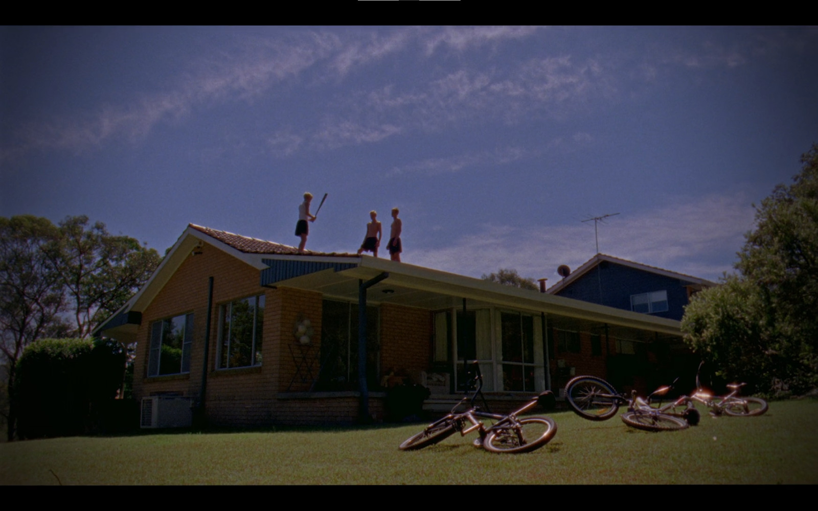 a couple of people standing on top of a roof