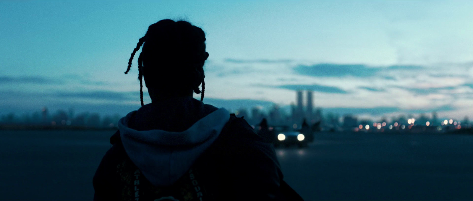 a person with dreadlocks standing in front of a city skyline