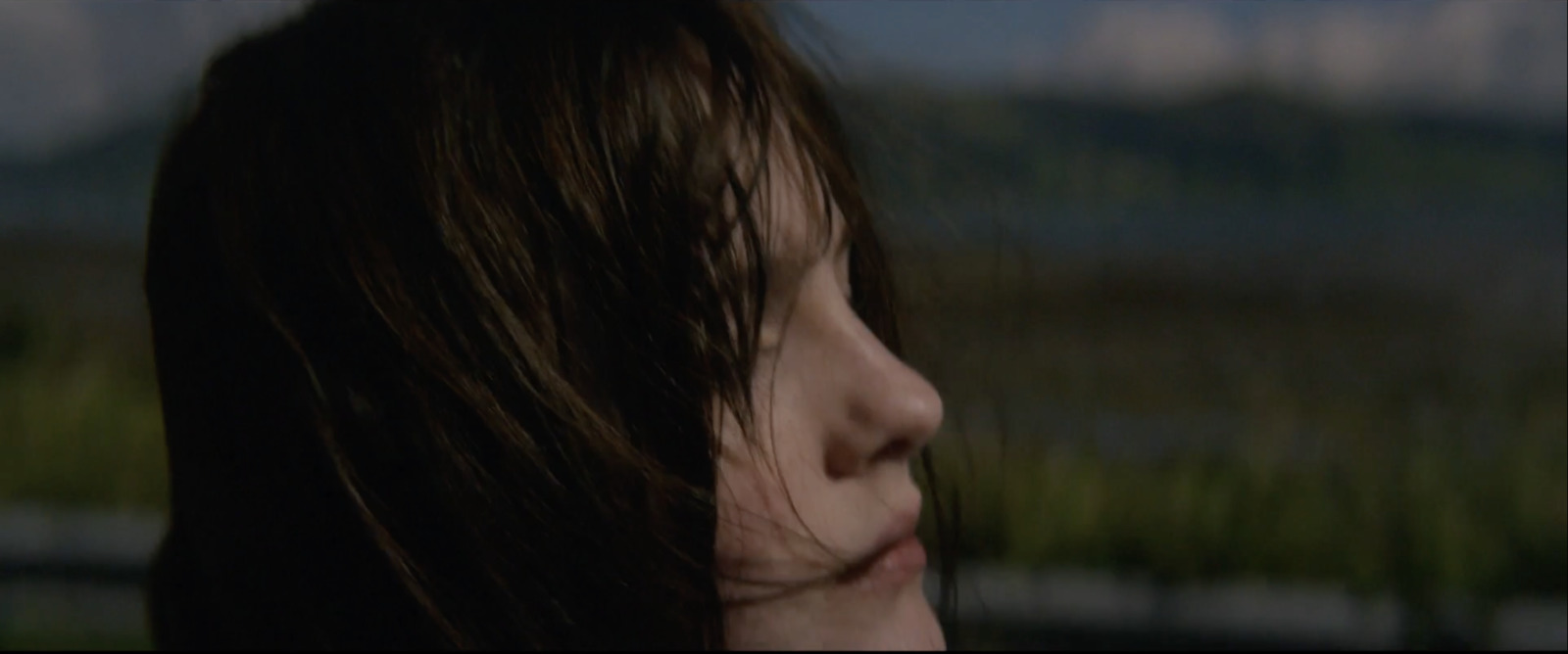 a close up of a person with long hair