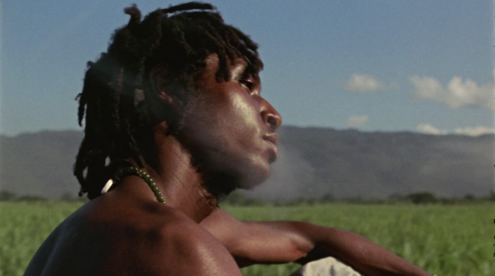 a man with dreadlocks sitting in a field