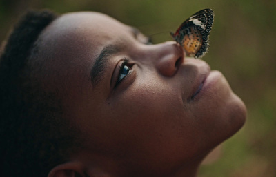 a young boy with a butterfly on his nose