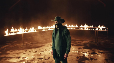 a man standing in front of a fire pit