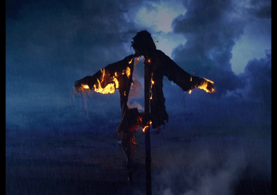 a man standing on top of a pole covered in fire