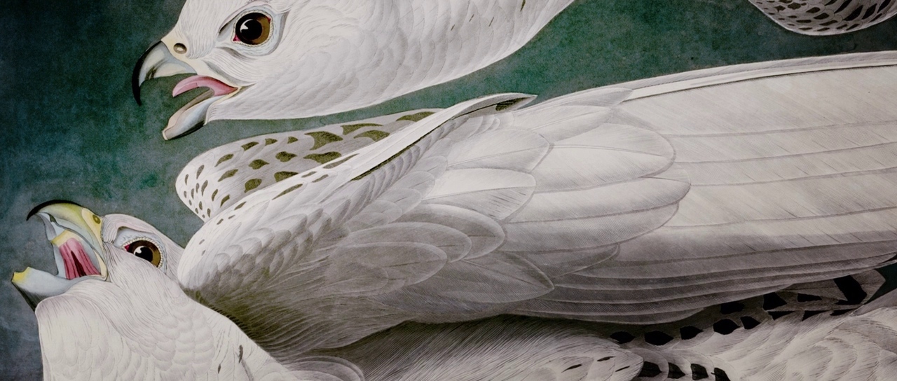 a painting of two white birds standing next to each other