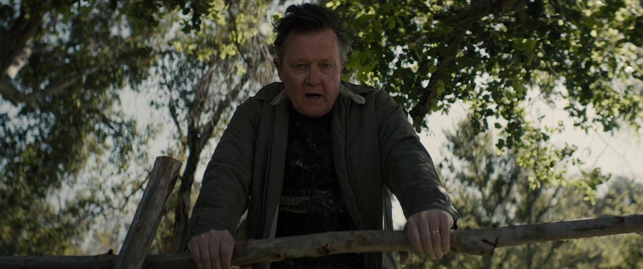 a man holding onto a wooden fence in the woods