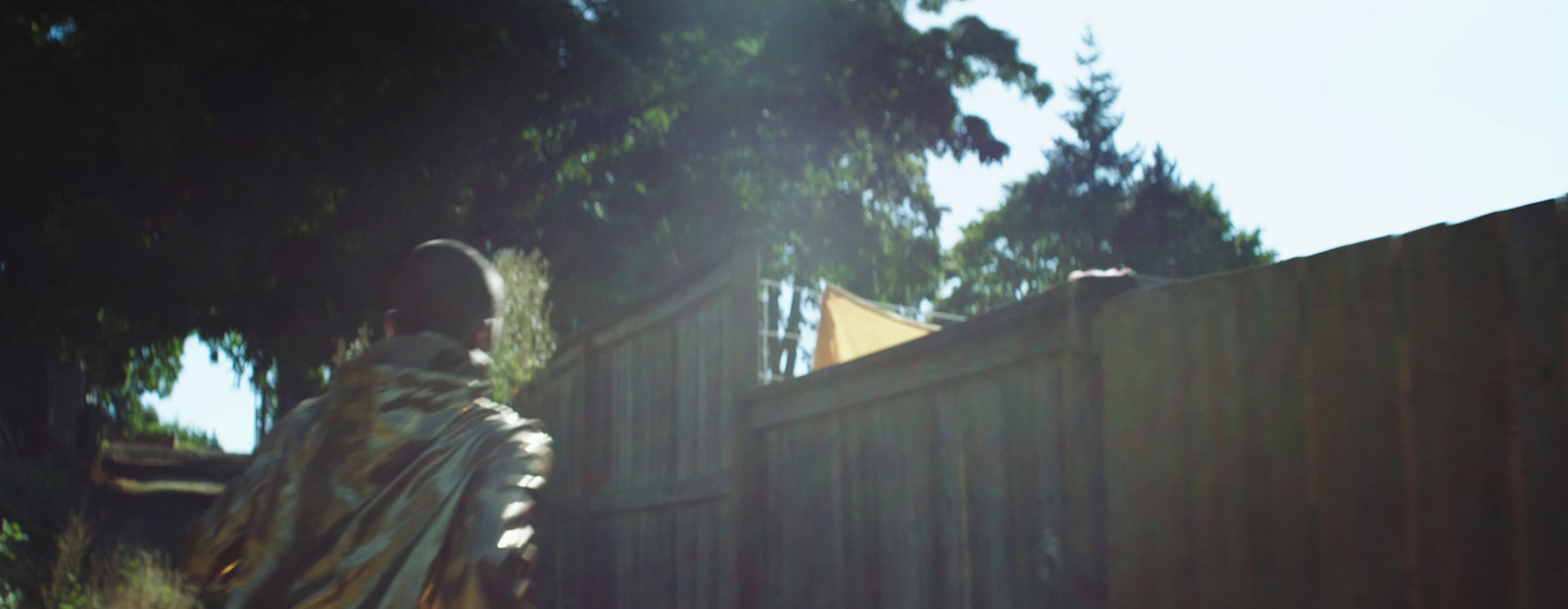 a woman standing next to a wooden fence