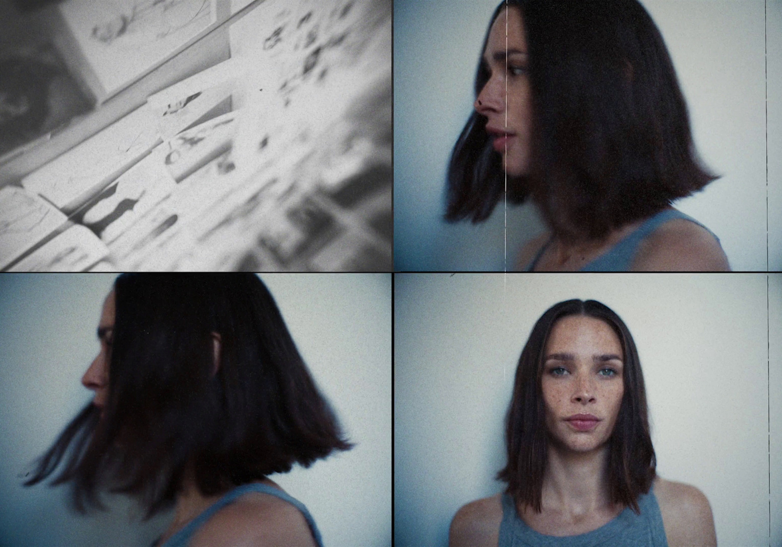 four images of a woman with long hair