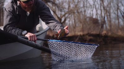 a man in a boat catching a fish with a net