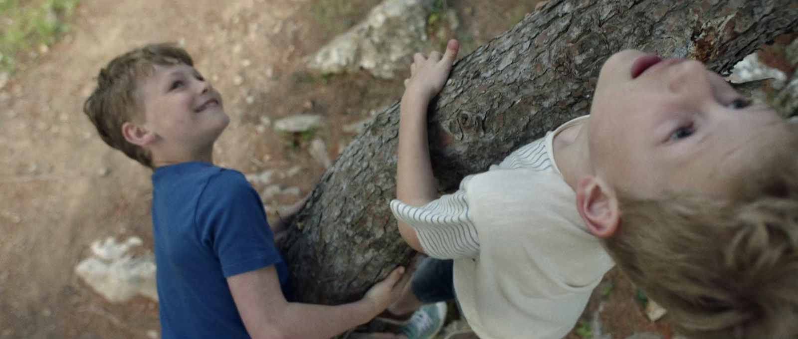 two young boys standing next to each other near a tree