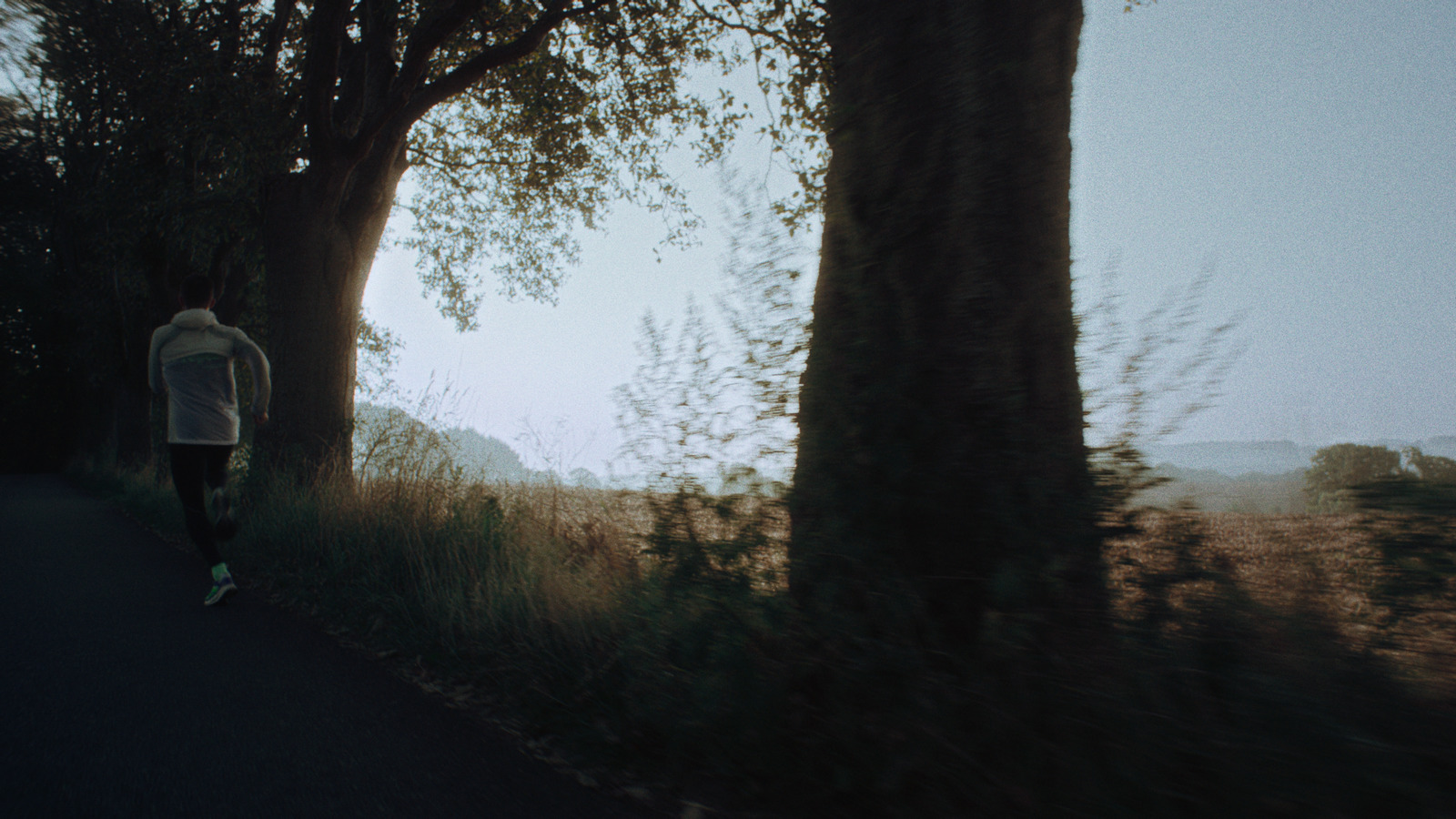 a man riding a skateboard down a tree lined road