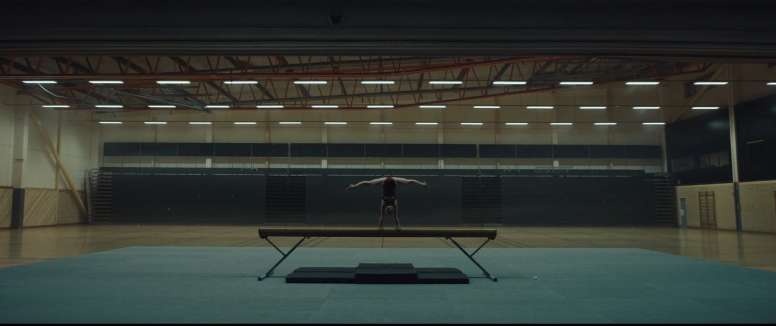 a person standing on a bench in a gym