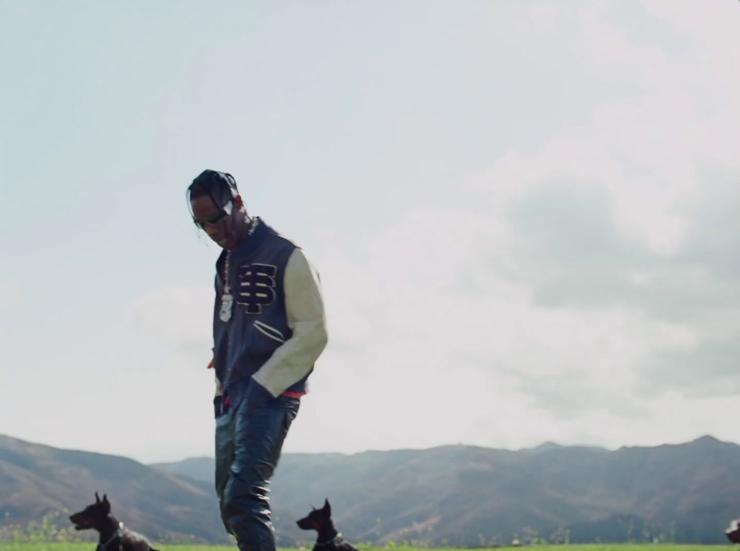 a man standing in a field with three dogs