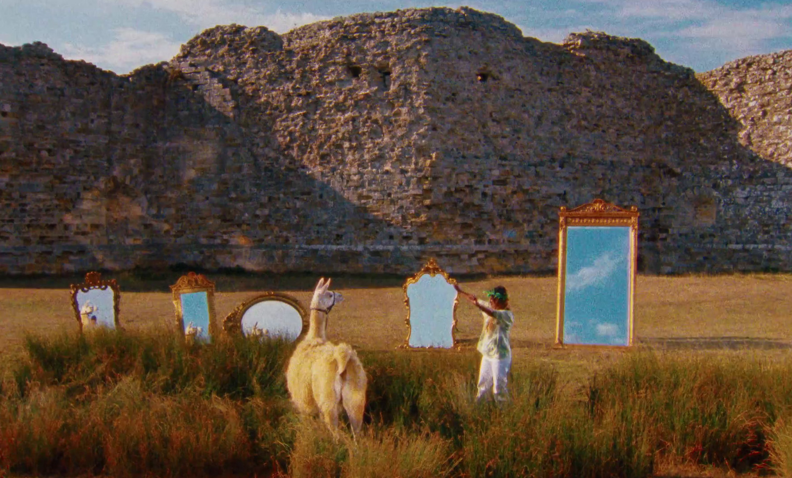 a group of people standing in a field next to a horse