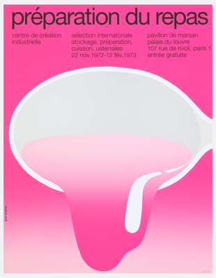 a pink poster with a large bowl of liquid