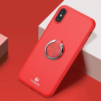 a red phone case with a ring on it