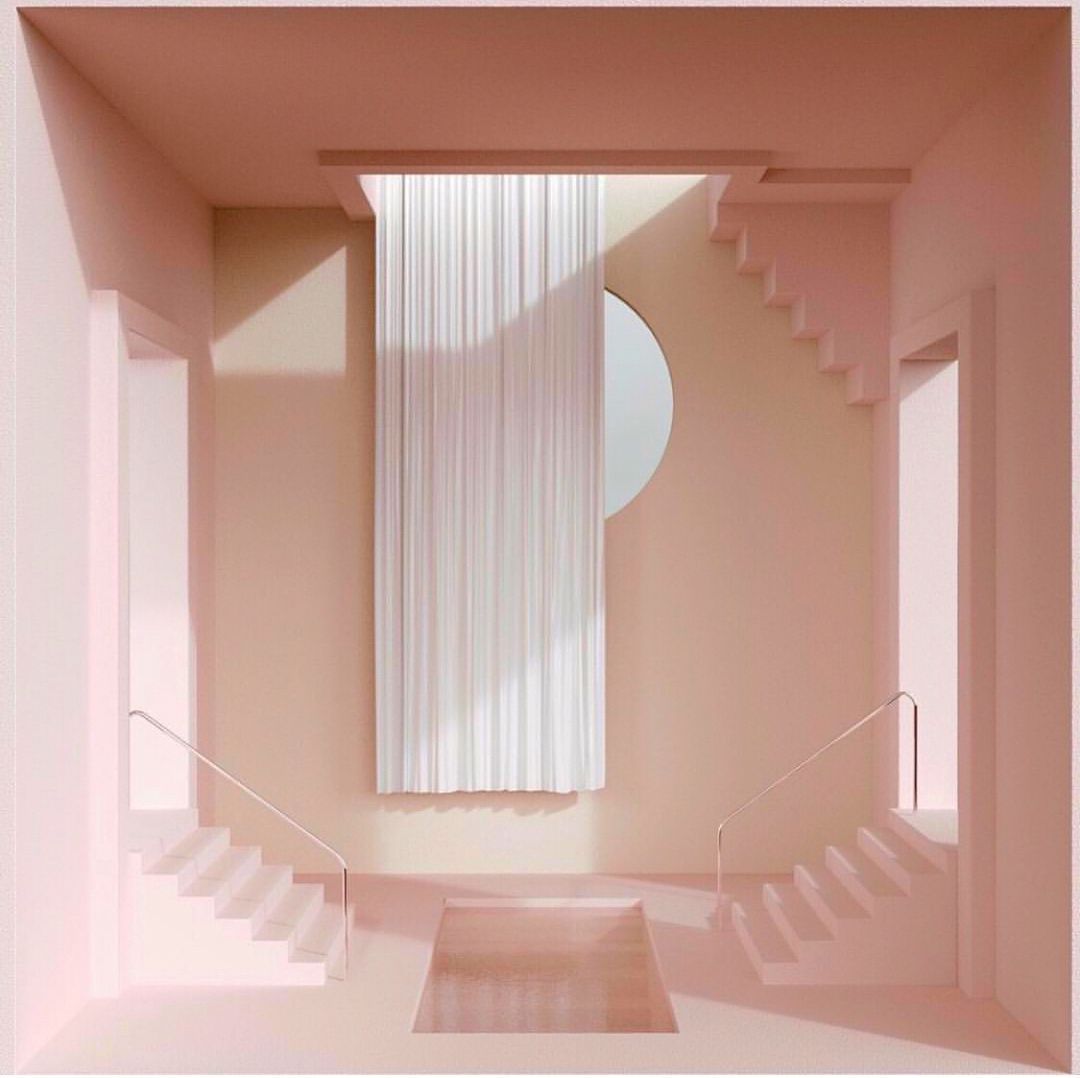 a pink room with a staircase and a round window