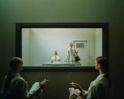 a couple of people sitting in front of a mirror