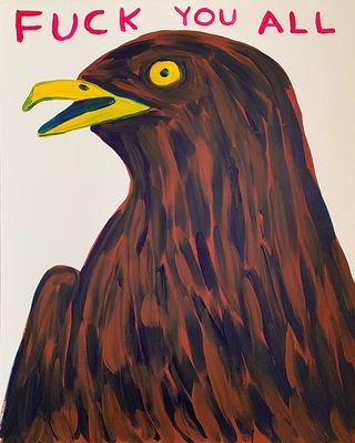 a painting of a black bird with a yellow beak