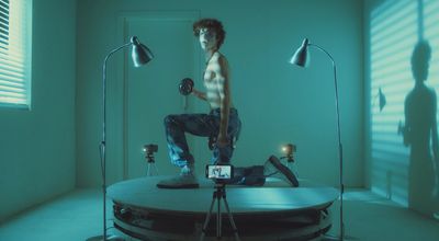 a shirtless man sitting on top of a table