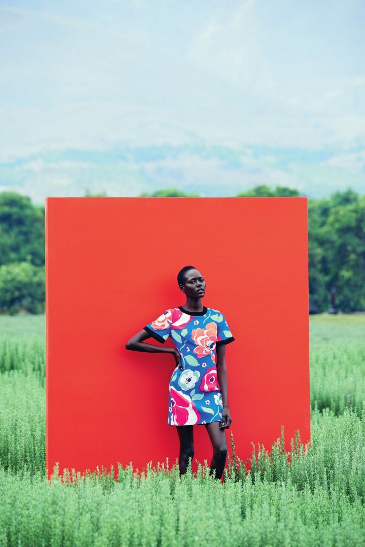 a woman standing in front of a red box in a field