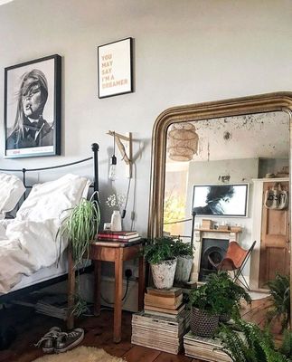 a bed room with a bed a mirror and plants