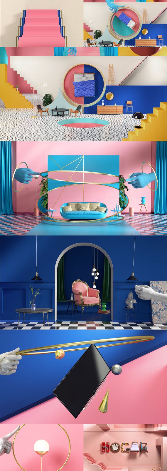 a pink and blue room with a pink couch