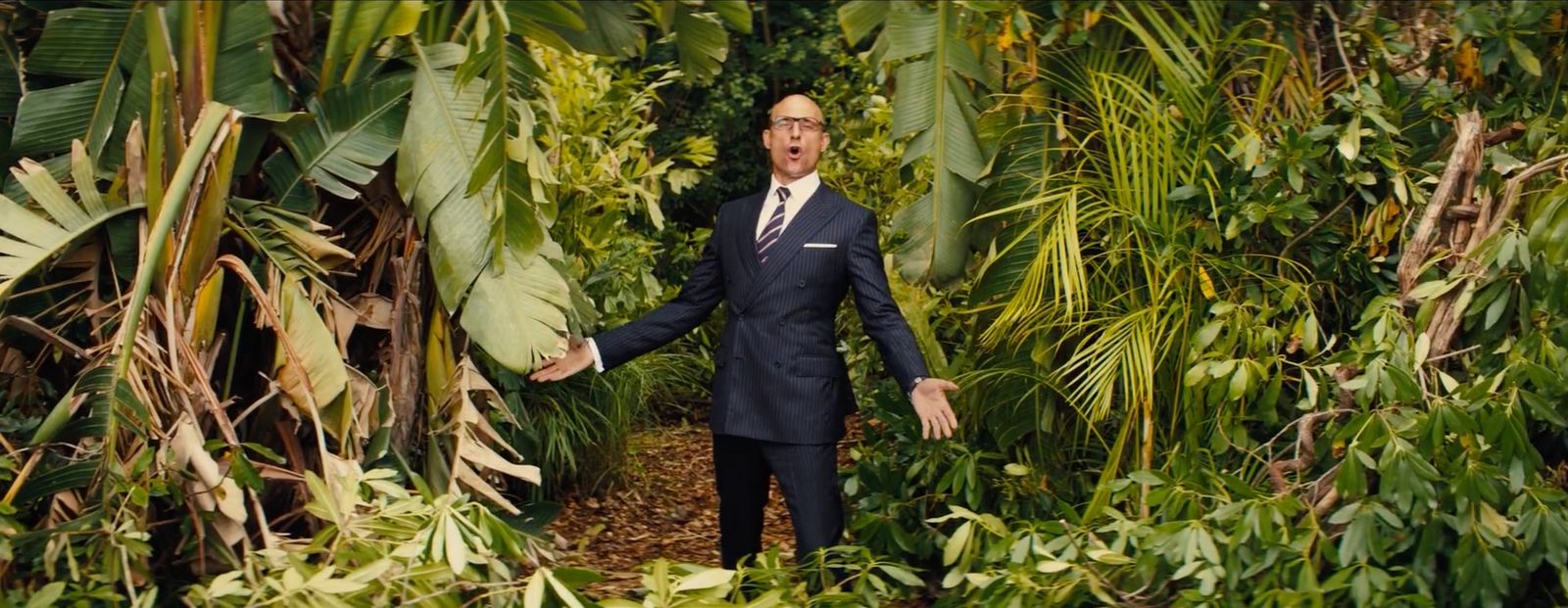 a man in a suit standing in a jungle