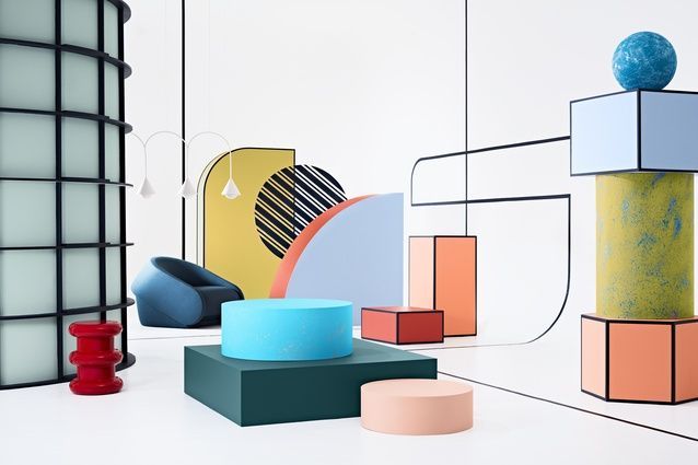 a group of colorful objects sitting on top of a white floor