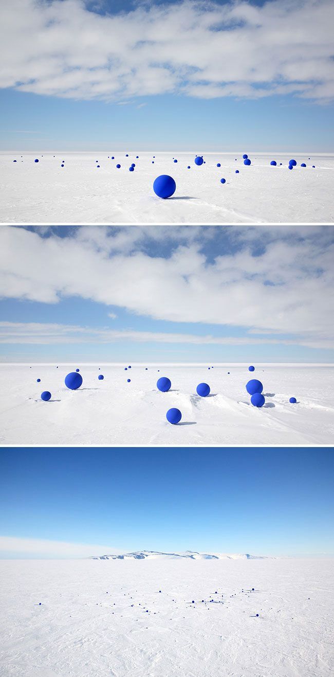 a series of three photographs of blue balls in the snow