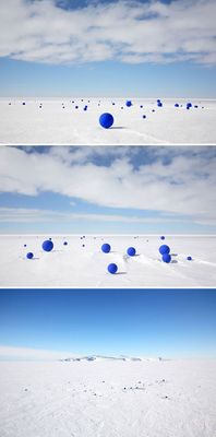 a series of three photographs of blue balls in the snow