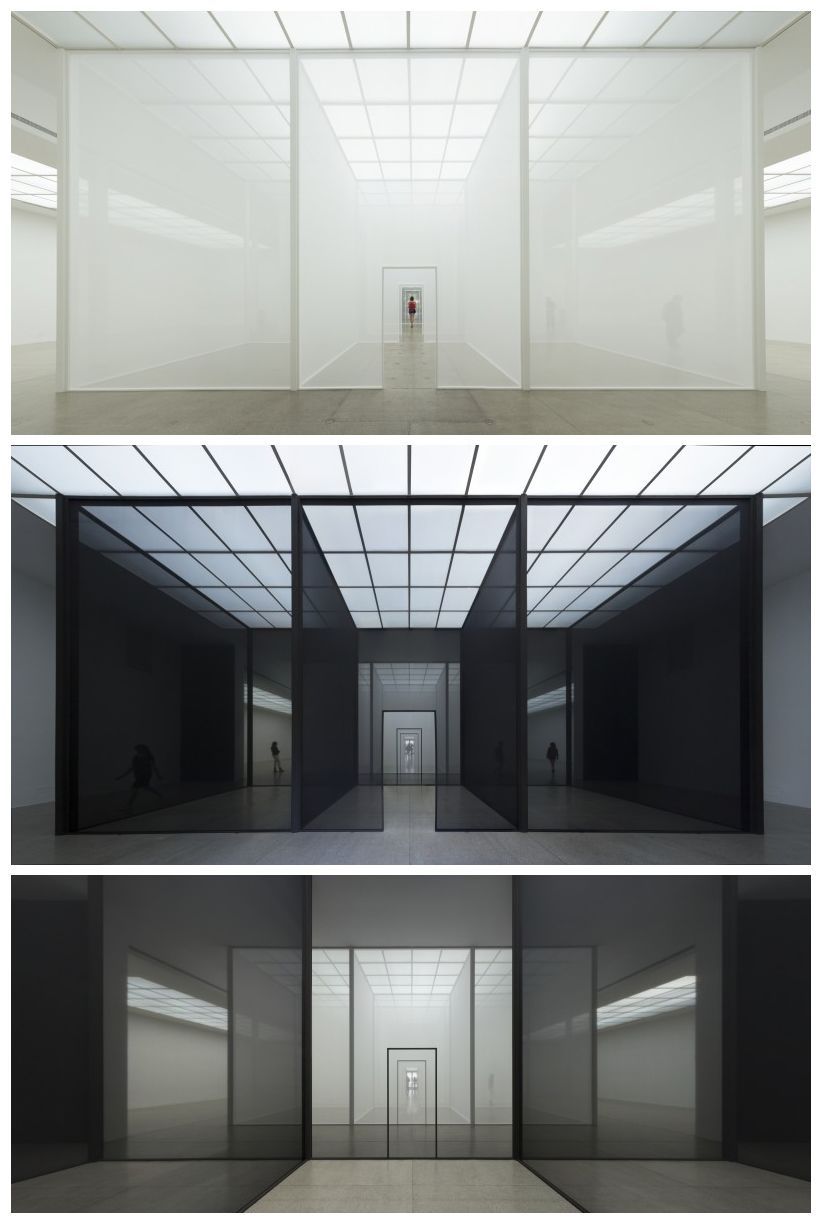 a series of three photographs of a hallway