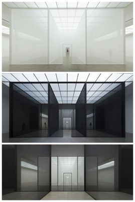 a series of three photographs of a hallway