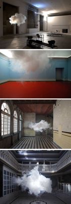 a series of photos of a building with a lot of smoke coming out of it