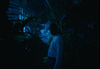 a man standing in a dark forest at night